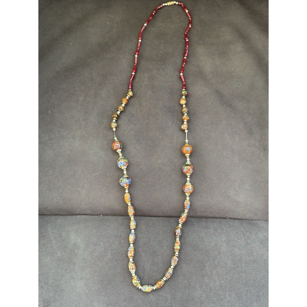 Vtg Venetian Murano Millefiori Italian Glass Beaded Necklace 32” Long